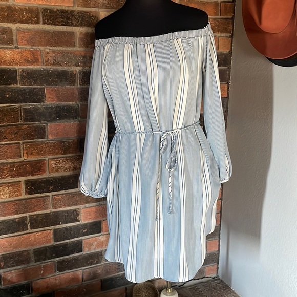 Off the Shoulder LUSH Striped Blue Dress - Picture 1 of 8